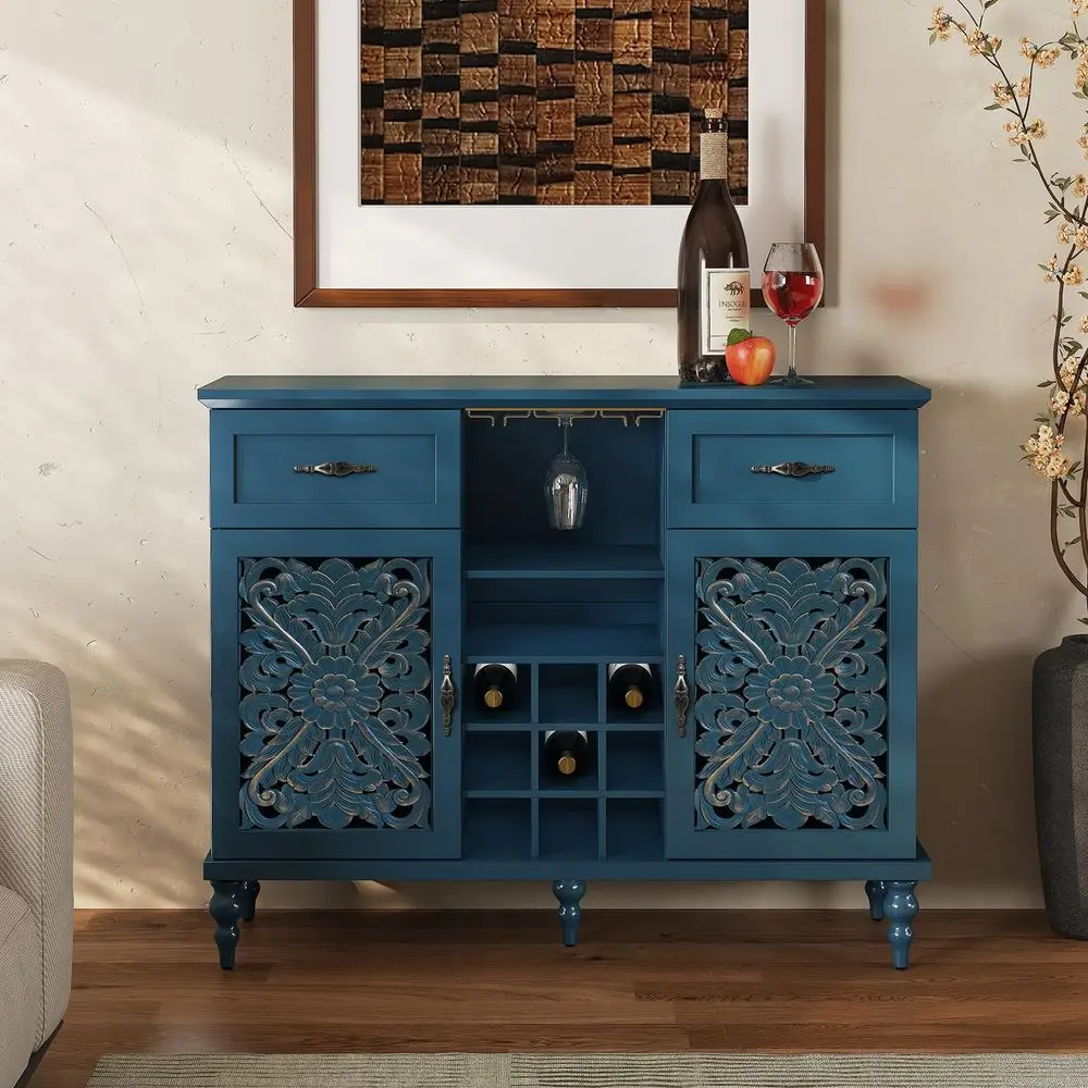 47.2 Vintage Wine Bar Cabinet with 2 Hollow Carved Door, Antique Liquor Cabinet with 9 Wine Racks and Glass Holder, Coffee Bar
47.2 Vintage Wine Bar Cabinet with 2 Hollow Carved Door, Antique Liquor Cabinet with 9 Wine Racks and Glass Holder, Coffee Bar