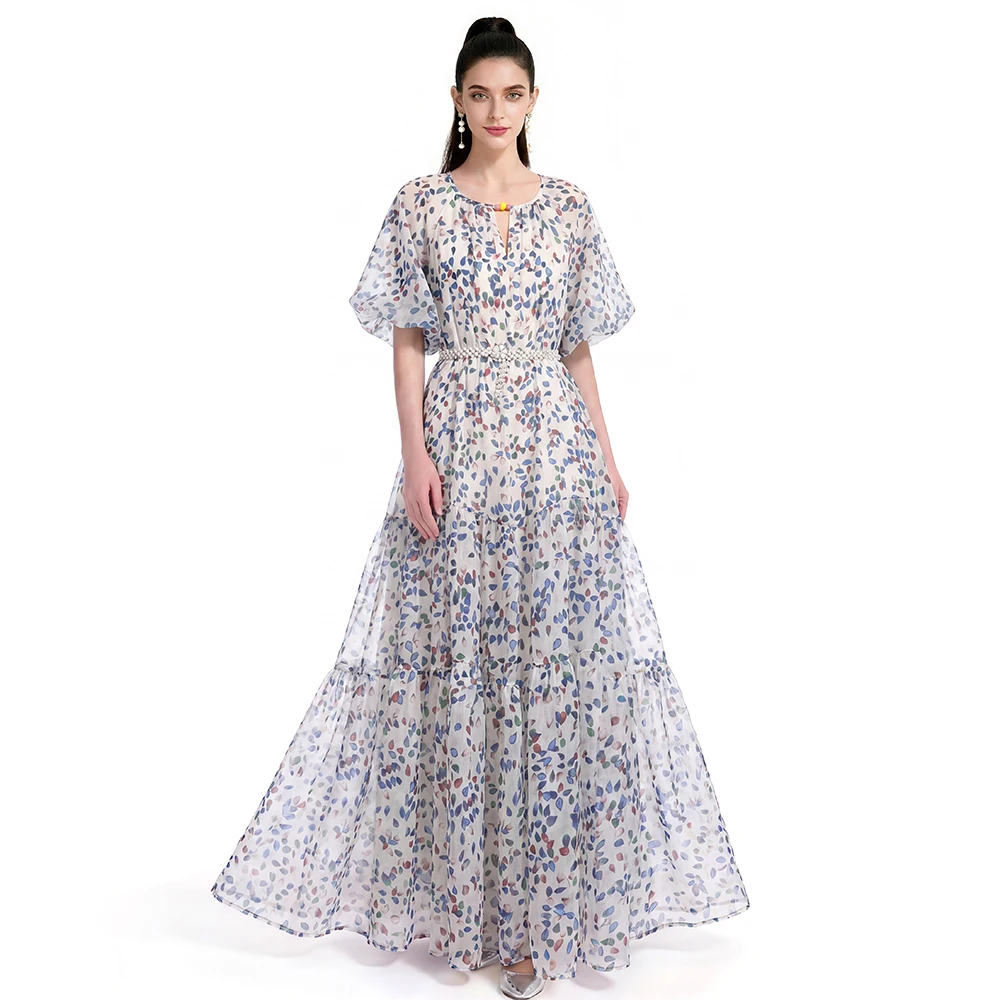 Multicolor Speckle Print Tiered Maxi Dress, Women's Flowy Batwing Sleeve Gown with Beaded Belt for Parties
Multicolor Speckle Print Tiered Maxi Dress, Women's Flowy Batwing Sleeve Gown with Beaded Belt for Parties