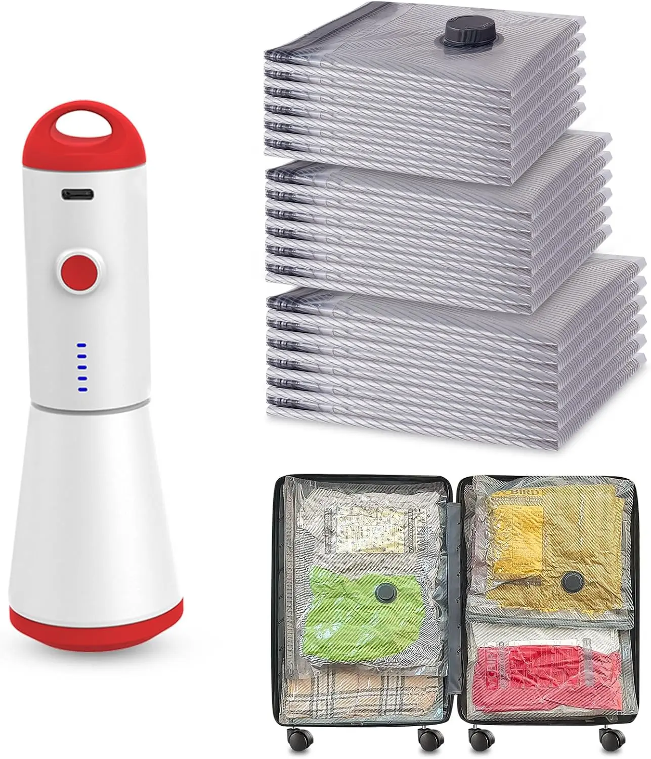 18 Pack USB Rechargeable Vacuum Storage Bags for Travel Clothes, Space Saver Luggage Compression
18 Pack USB Rechargeable Vacuum Storage Bags for Travel Clothes, Space Saver Luggage Compression