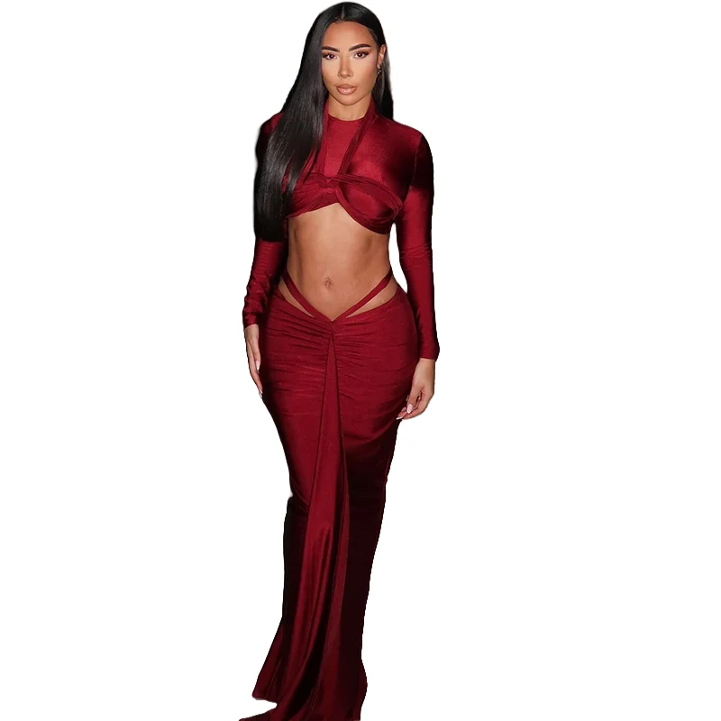 Women's O-Neck Long Sleeve Super-Short Tops & Skirt, Lace-up Bandage, Solid Color, Sexy, 2pcs Set
Women's O-Neck Long Sleeve Super-Short Tops & Skirt, Lace-up Bandage, Solid Color, Sexy, 2pcs Set