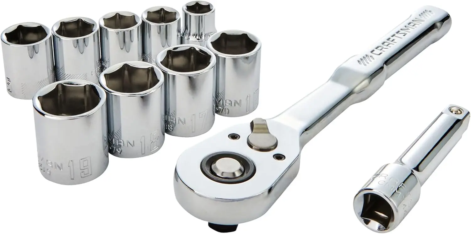 Mechanics Tool Set, 3/8 Inch Drive SAE, 11 Piece Low Profile Ratchet Set with 72-Tooth Ratchet and Corrosion Resistant Chrome
Mechanics Tool Set, 3/8 Inch Drive SAE, 11 Piece Low Profile Ratchet Set with 72-Tooth Ratchet and Corrosion Resistant Chrome