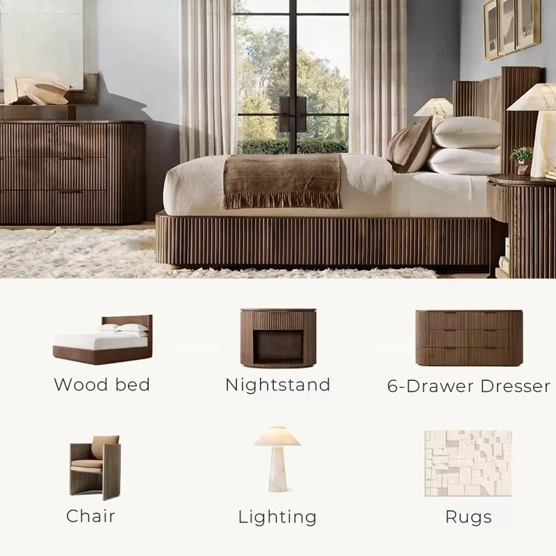 Luxury Indoor Wooden Bed Set Bed Frame Bedside Table Bedroom Furniture Set Villa Bedroom Bed Hotel Guest Room Furniture Set
Luxury Indoor Wooden Bed Set Bed Frame Bedside Table Bedroom Furniture Set Villa Bedroom Bed Hotel Guest Room Furniture Set