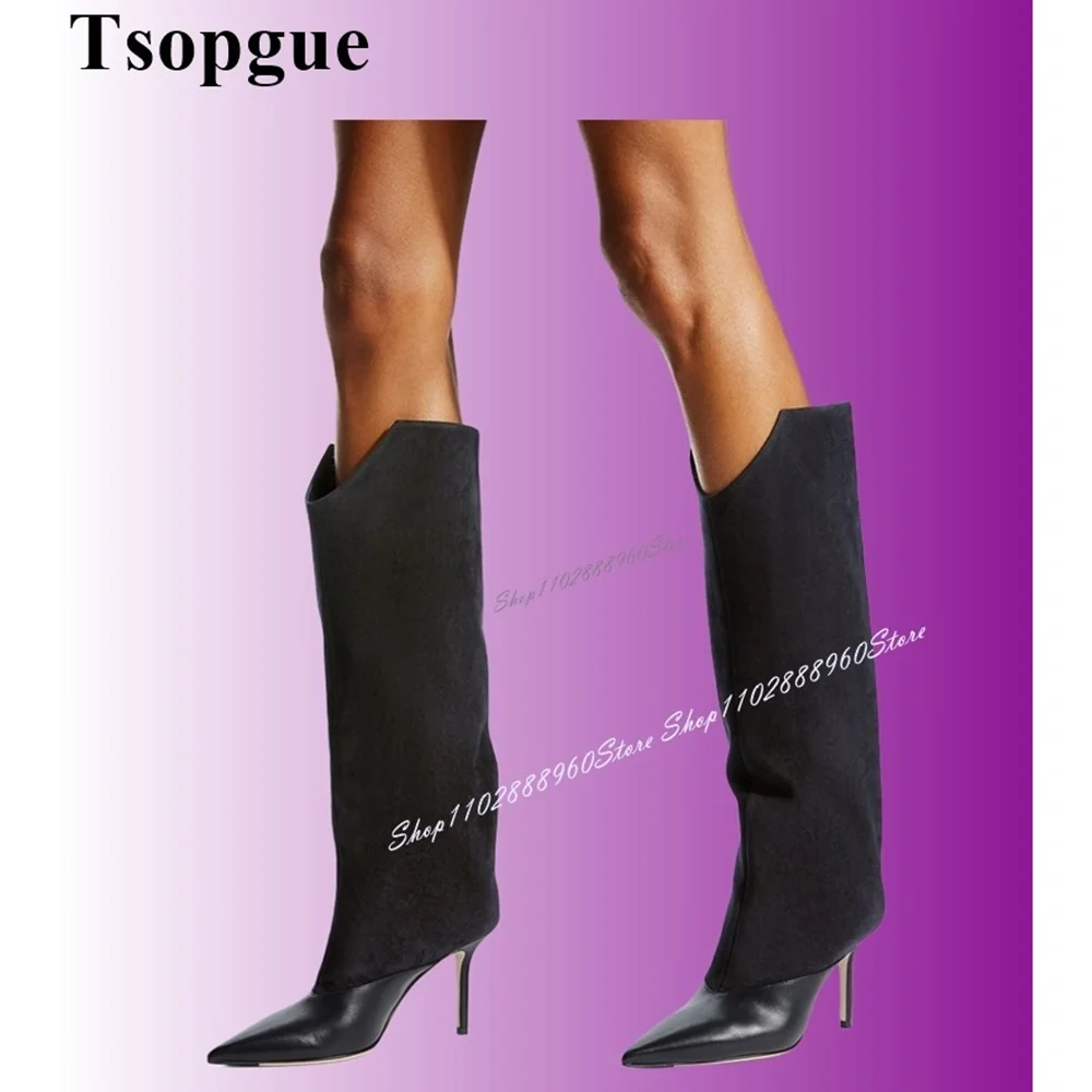 Knee High Black Flock PU Leather Patchwork Boots Thin High Heel Women Shoes Slip-On Pointed Toe 2024 Fashion Zapatos Para Mujere
Knee High Black Flock PU Leather Patchwork Boots Thin High Heel Women Shoes Slip-On Pointed Toe 2024 Fashion Zapatos Para Mujere