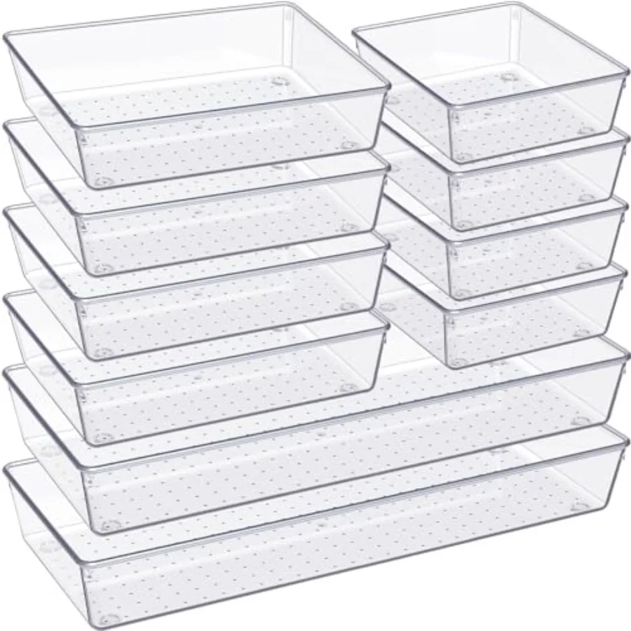 Drawer Organizer, 10 Pack Large Clear Plastic Set, 3 Size Versatile Bathroom and Vanity Organizer Trays, Storage Bins for Makeu
Drawer Organizer, 10 Pack Large Clear Plastic Set, 3 Size Versatile Bathroom and Vanity Organizer Trays, Storage Bins for Makeu