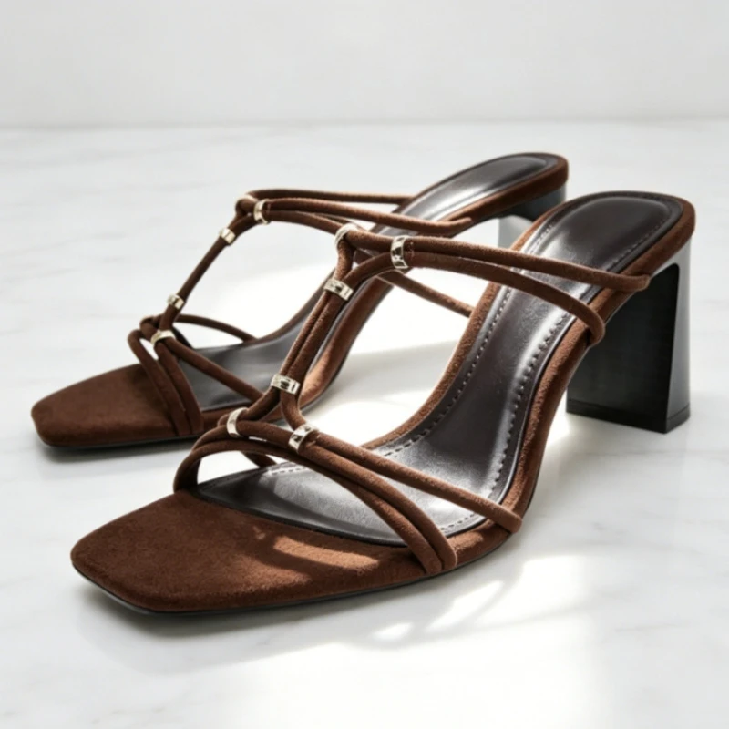 Brown Faux Suede Strappy Block Heel Sandals Women Fashion Metal Details Square-Toe Slide Sandals Sexy Open-Toe Slingback Heels
Brown Faux Suede Strappy Block Heel Sandals Women Fashion Metal Details Square-Toe Slide Sandals Sexy Open-Toe Slingback Heels