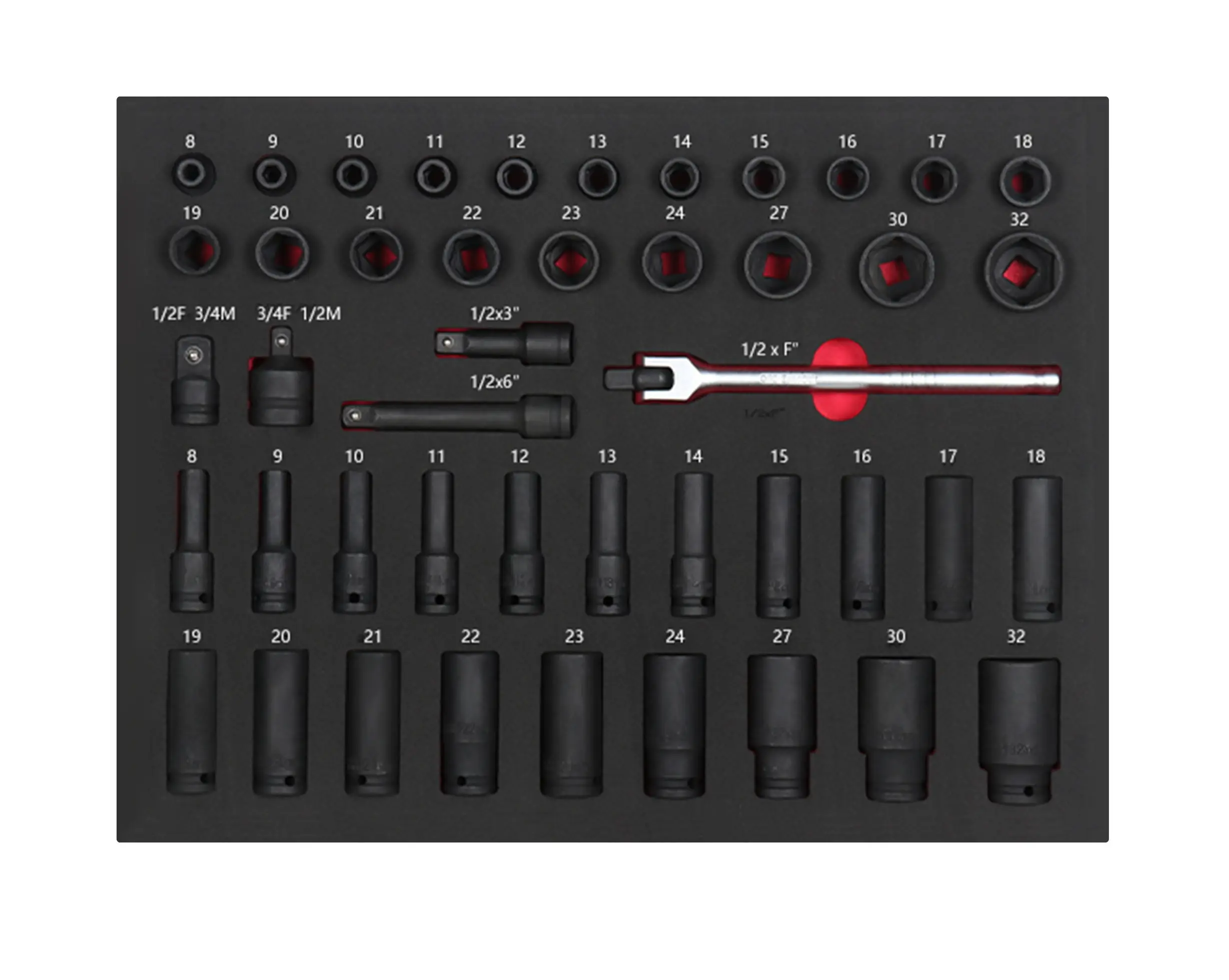 45 шт., набор инструментов для глубоких головок 1/2 дюйма, универсальный набор ударных головок, метрический металлический набор инструментов для тележки в лотке из пенопласта EVA
45 шт., набор инструментов для глубоких головок 1/2 дюйма, универсальный набор ударных головок, метрический металлический набор инструментов для тележки в лотке из пенопласта EVA