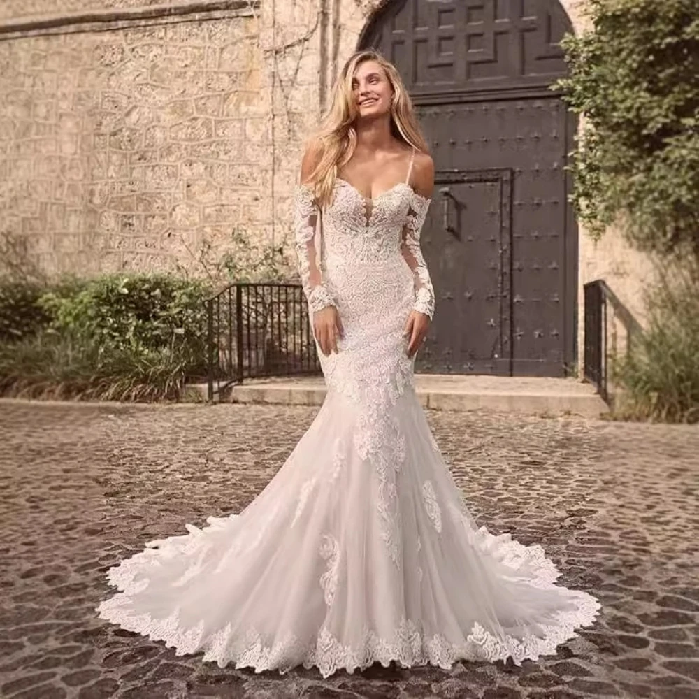 2025 Elegant Boho Mermaid Wedding Dress Off Shoulder Full Sleeves Lace Appliques Long Train Backless Sexy Beach Bridal Gowns
2025 Elegant Boho Mermaid Wedding Dress Off Shoulder Full Sleeves Lace Appliques Long Train Backless Sexy Beach Bridal Gowns