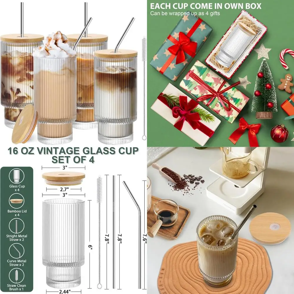 16oz glass cups with lids and straws - 4 pack iced coffee cups, clear tumbler with bamboo lid & straw, reusable ribbed glassware
16oz glass cups with lids and straws - 4 pack iced coffee cups, clear tumbler with bamboo lid & straw, reusable ribbed glassware