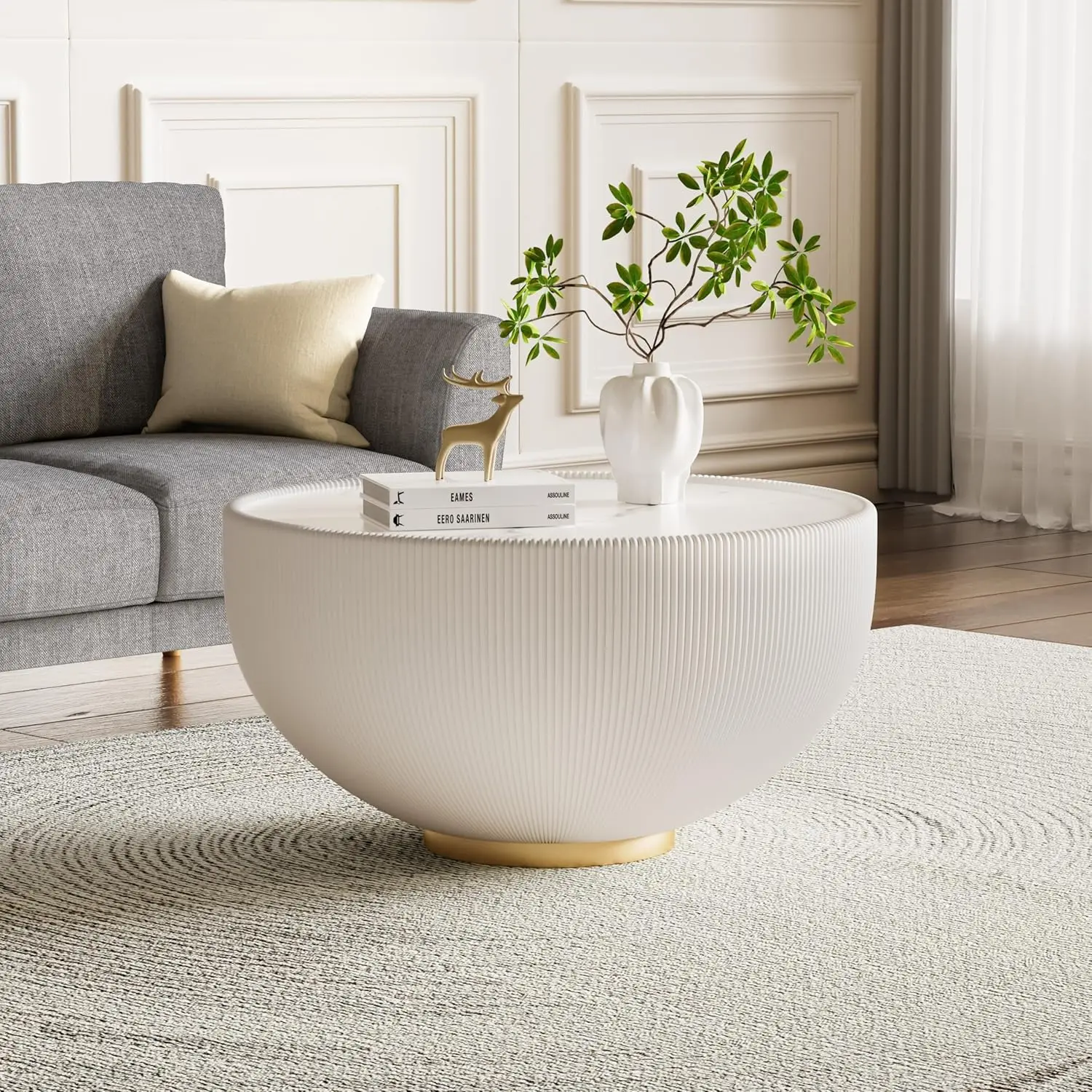 White Round Coffee Table with Sintered Stone Tabletop, 27.56" Drum Coffee Table with Fluted PU Leather Covered and, Customized
White Round Coffee Table with Sintered Stone Tabletop, 27.56" Drum Coffee Table with Fluted PU Leather Covered and, Customized