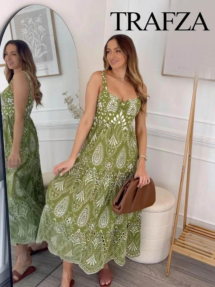 TRAFZA Summer Fashion Women Long Dress Green V-Neck Sleeveless Hollow Out Embroidery Decorate Zipper Female Casual Dresses TRAF
TRAFZA Summer Fashion Women Long Dress Green V-Neck Sleeveless Hollow Out Embroidery Decorate Zipper Female Casual Dresses TRAF