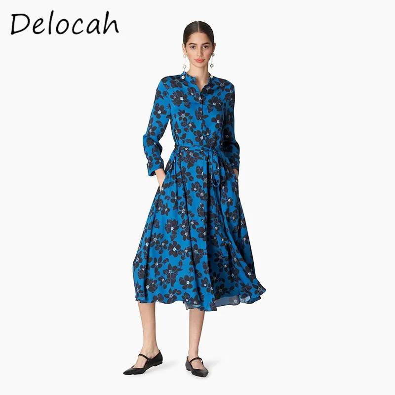 Deloach Fashion Women's Design Stand up Collar Single breasted Lace-Up Waist Cinched Blue Bottom Black Printed Long Sleeve Dress
Deloach Fashion Women's Design Stand up Collar Single breasted Lace-Up Waist Cinched Blue Bottom Black Printed Long Sleeve Dress