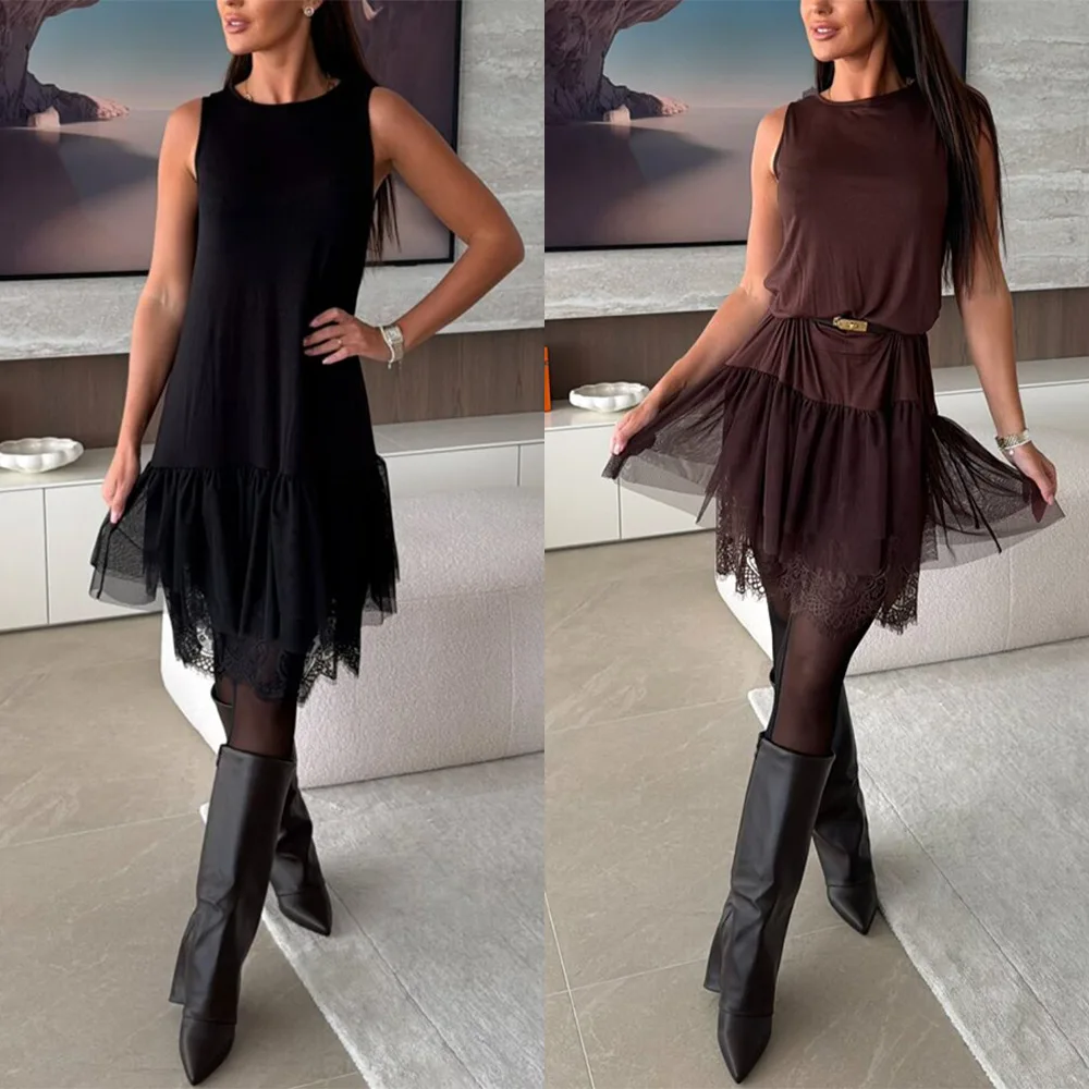 Удобные повседневные однотонные платья без рукавов, женские прозрачные кружевные сетчатые лоскутные платья-жилет, модные женские платья миди
Удобные повседневные однотонные платья без рукавов, женские прозрачные кружевные сетчатые лоскутные платья-жилет, модные женские платья миди
