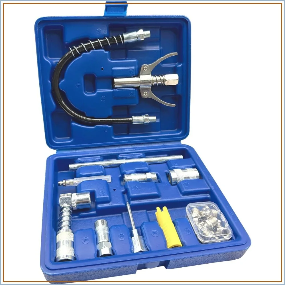 17 Pc Grease Gun Accessory Kit, Quick Connect Coupler, 90° Adapter, 12" Spring Hose, Zerk Fittings & Cleaner, 1/8" NPT Universal
17 Pc Grease Gun Accessory Kit, Quick Connect Coupler, 90° Adapter, 12" Spring Hose, Zerk Fittings & Cleaner, 1/8" NPT Universal