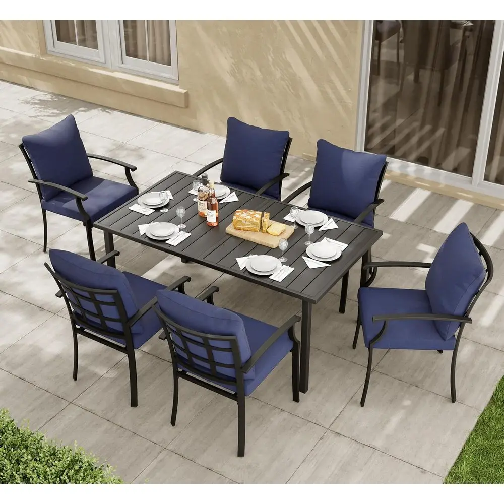 7-Piece Outdoor Dining Set with Powder-Coated Metal, Navy Blue Table and Stackable Chairs with Removable Cushions
7-Piece Outdoor Dining Set with Powder-Coated Metal, Navy Blue Table and Stackable Chairs with Removable Cushions