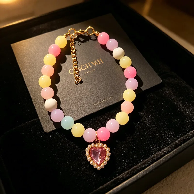 Kawaii Pastel Beaded Pet Collar with Sparkling Heart Charm Adjustable Necklace for Puppy Kitten
Kawaii Pastel Beaded Pet Collar with Sparkling Heart Charm Adjustable Necklace for Puppy Kitten