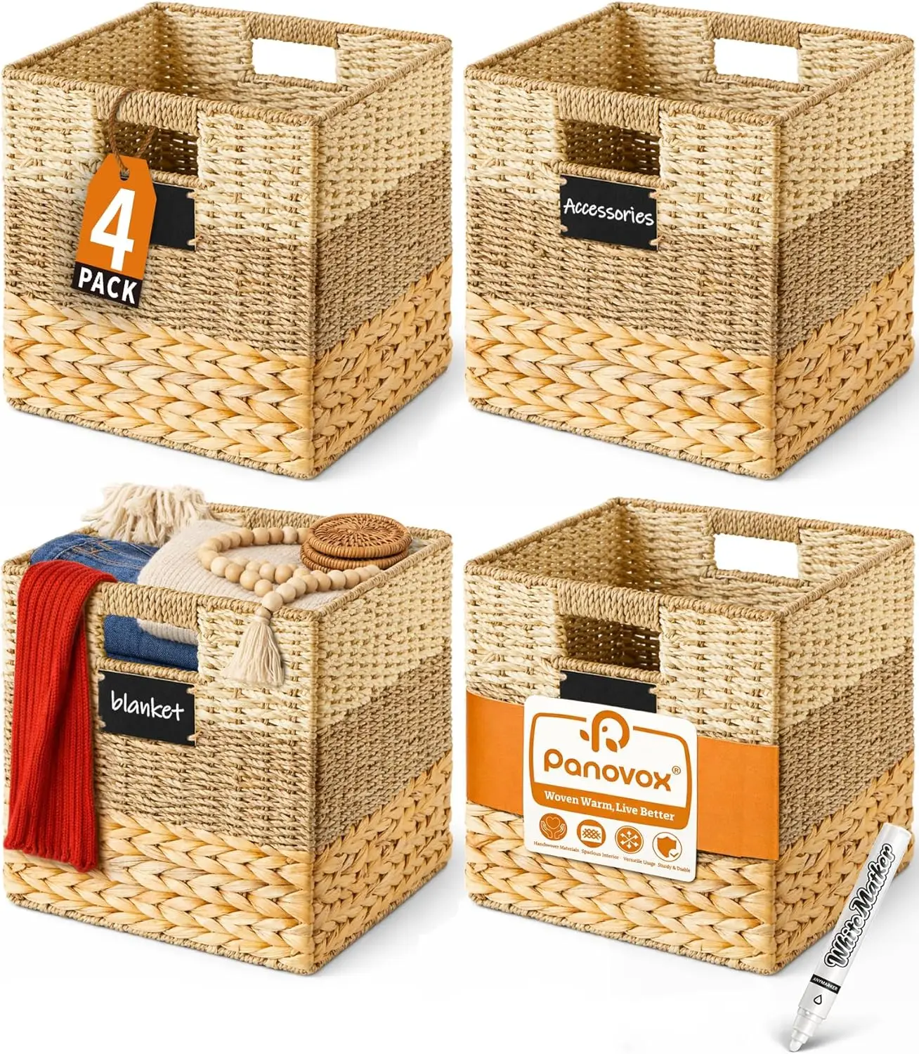 Set of 4 Woven Storage Cubes, 10.5x10.5x10.5 Inch, Water Hyacinth Baskets for Shelves
Set of 4 Woven Storage Cubes, 10.5x10.5x10.5 Inch, Water Hyacinth Baskets for Shelves