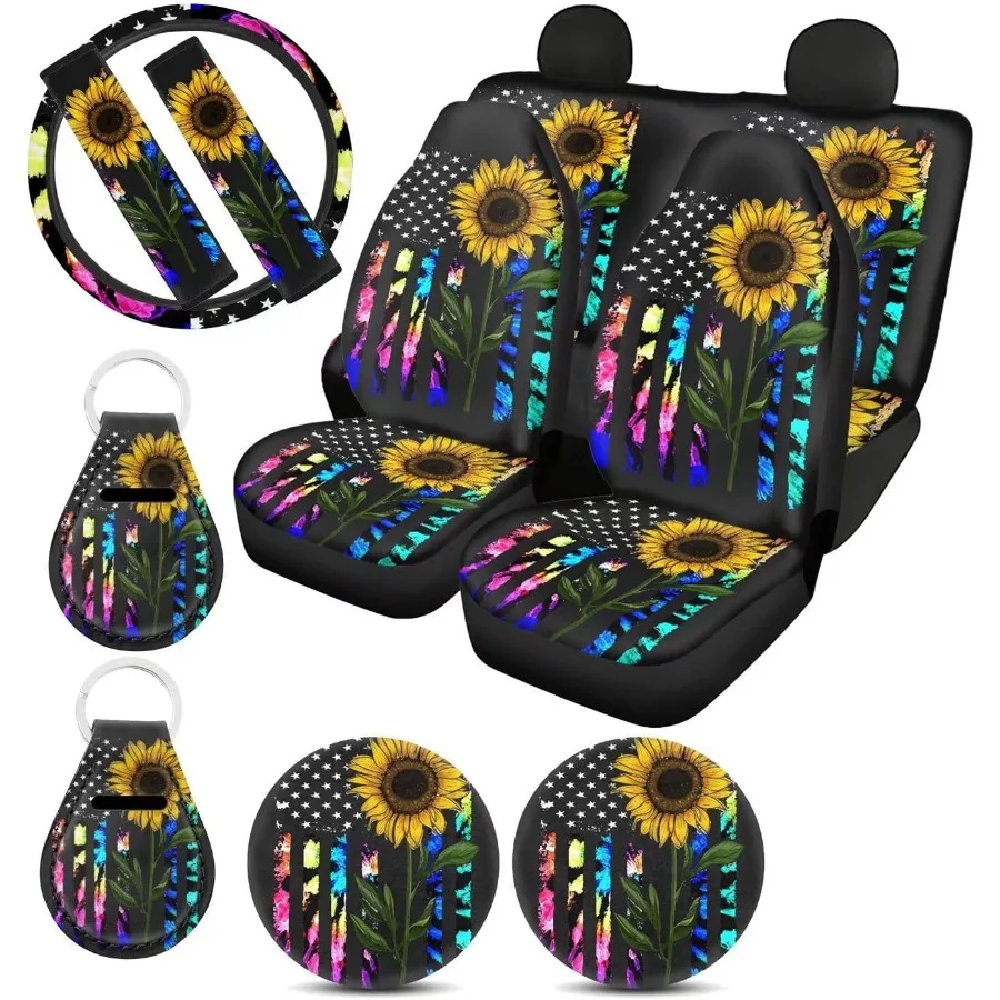 Набор автомобильных аксессуаров с американским флагом и подсолнухом, 11 шт. для женщин, включая передние и задние разделенные чехлы на сиденья, красочный Tie Dye Flor
Набор автомобильных аксессуаров с американским флагом и подсолнухом, 11 шт. для женщин, включая передние и задние разделенные чехлы на сиденья, красочный Tie Dye Flor