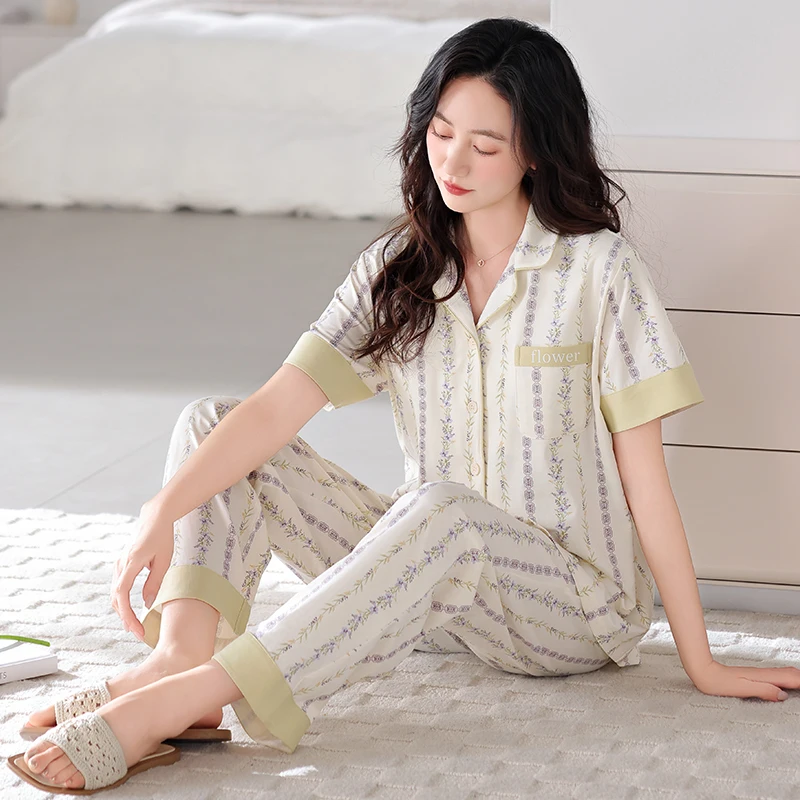 Summer Women Pajama Sets Knited Cotton Home Wear Female Short Sleeve Floral Pyjamas
Summer Women Pajama Sets Knited Cotton Home Wear Female Short Sleeve Floral Pyjamas