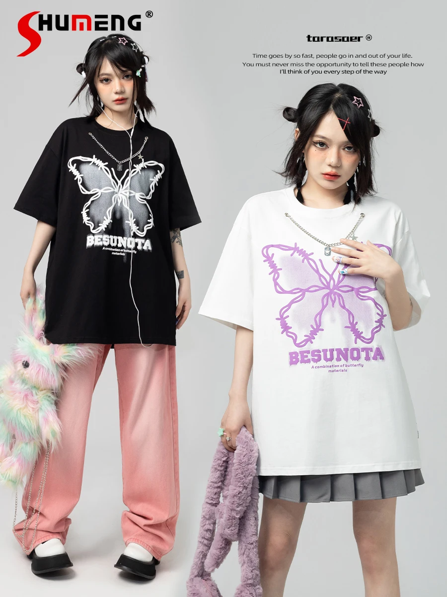 High Street Style Butterfly Print Fashion Chain Round Neck Short Sleeve T-shirt Women Cotton Loose Casual Long Tops 2024 Summer
High Street Style Butterfly Print Fashion Chain Round Neck Short Sleeve T-shirt Women Cotton Loose Casual Long Tops 2024 Summer
