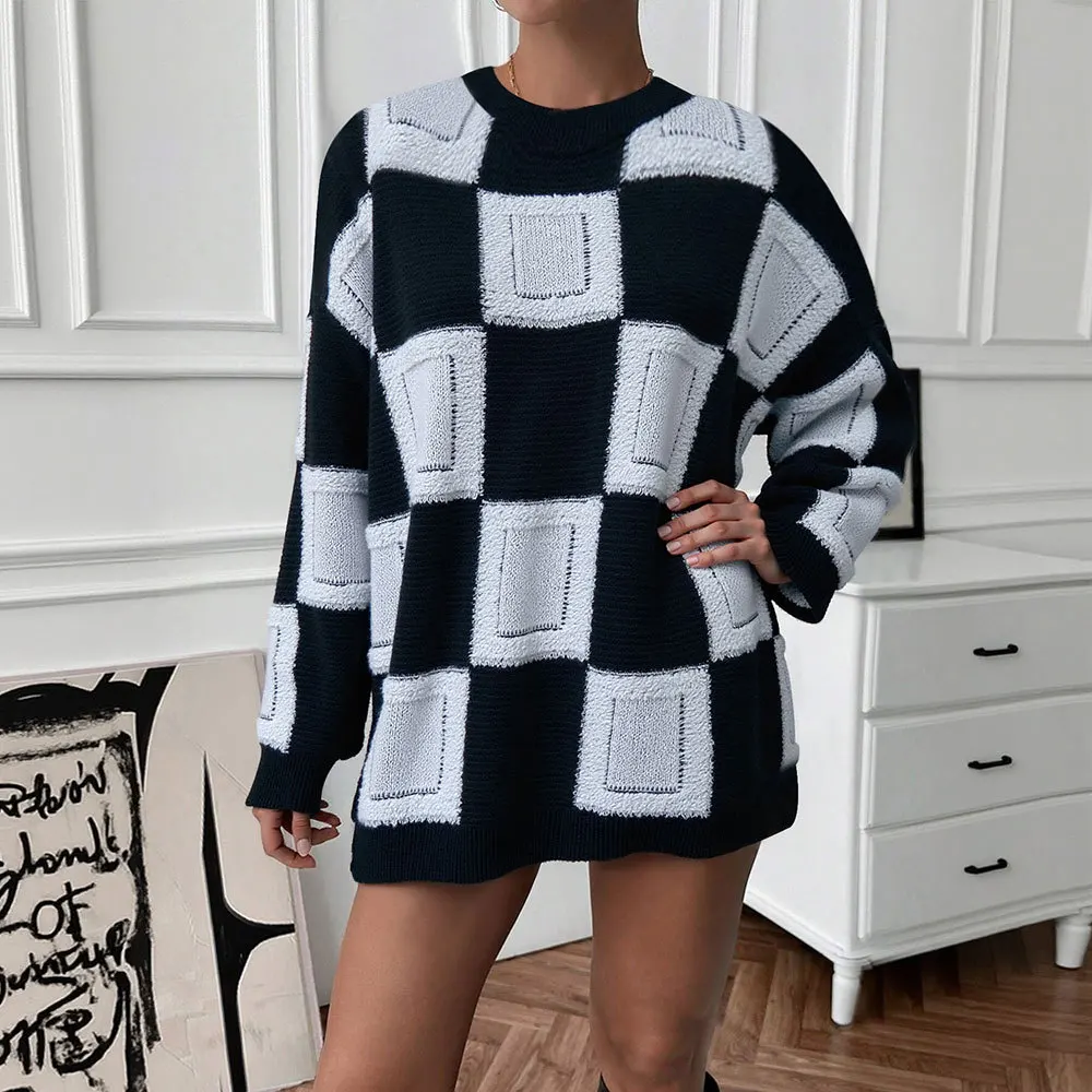 Клетчатый осенний женский свитер в контрастную полоску с круглым вырезом, плиссированный пуловер, трикотаж для женщин, утепленный теплый женский вязаный свитер 
Клетчатый осенний женский свитер в контрастную полоску с круглым вырезом, плиссированный пуловер, трикотаж для женщин, утепленный теплый женский вязаный свитер
