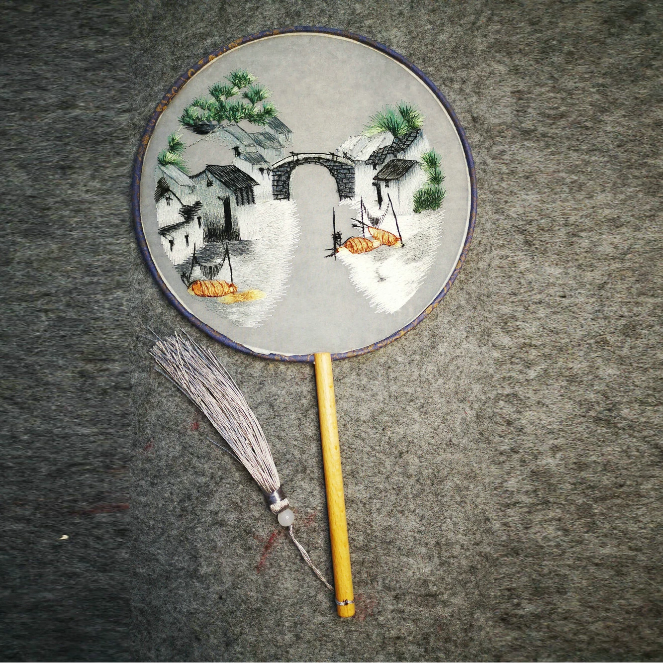 Chinese Dancing Fan With Tassels Double Sided Embroidery Round Silk Fans With Scenic Watertown Pattern Means Good Fengshui
Chinese Dancing Fan With Tassels Double Sided Embroidery Round Silk Fans With Scenic Watertown Pattern Means Good Fengshui