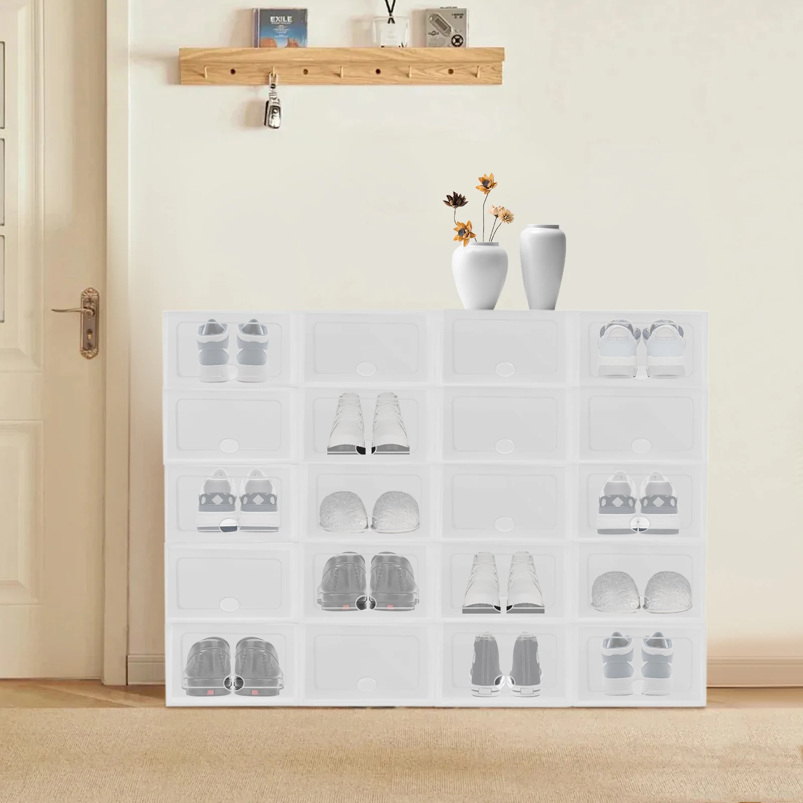 Set of 20 Shoe Boxes, Stackable Sturdy Plastic Shoe Box, Shoe Storage with Transparent Door and Ventilation Holes, White
Set of 20 Shoe Boxes, Stackable Sturdy Plastic Shoe Box, Shoe Storage with Transparent Door and Ventilation Holes, White