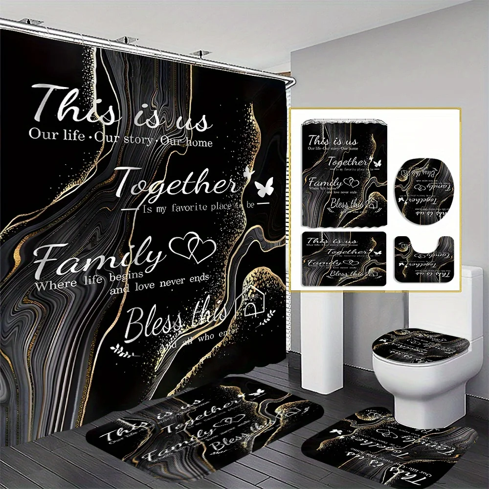 Elegant Family Quote Bathroom Four-Piece Set, Waterproof Shower Curtain with Matching Rugs and Toilet Cover
Elegant Family Quote Bathroom Four-Piece Set, Waterproof Shower Curtain with Matching Rugs and Toilet Cover