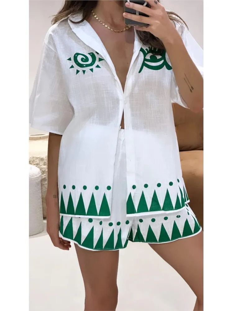 Summer New Fashion Women Shorts Set Fruit Print Short Sleeve Shirt With Elastic Waist Casual Loose Shorts Summer Outfit Female
Summer New Fashion Women Shorts Set Fruit Print Short Sleeve Shirt With Elastic Waist Casual Loose Shorts Summer Outfit Female