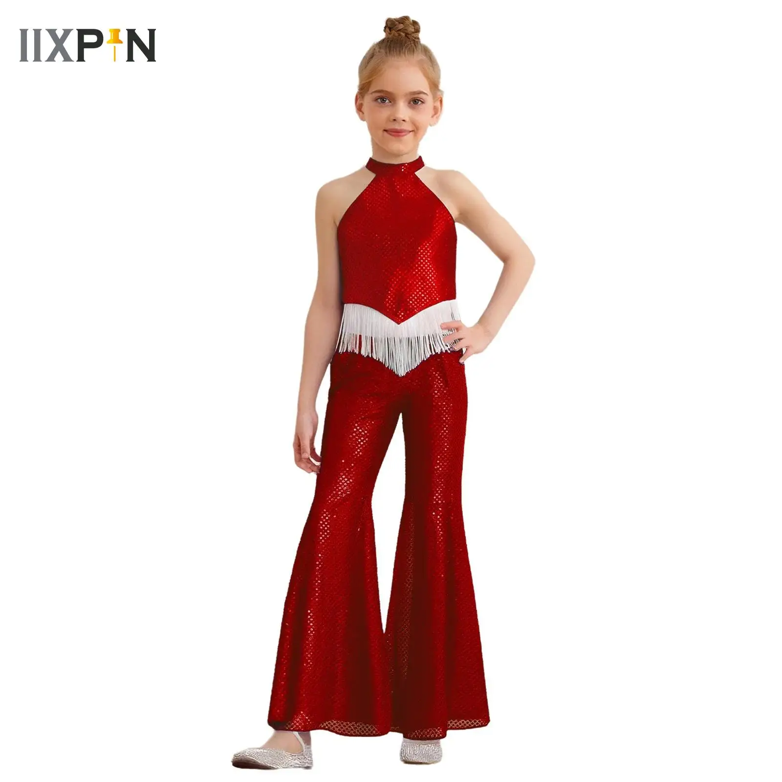 Kids Girls Hippie Disco 70s Costume Jazz Hip Hop Dance Outfits Sequin Sleeveless Tassels Hem Crop Top with Bell-Bottom Pants Set
Kids Girls Hippie Disco 70s Costume Jazz Hip Hop Dance Outfits Sequin Sleeveless Tassels Hem Crop Top with Bell-Bottom Pants Set