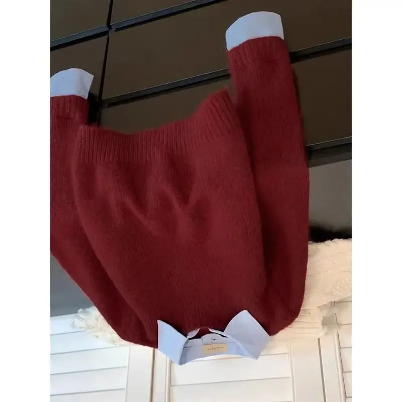Поддельный свитер с воротником из двух рубашек, женский осенний наряд, вязаный свитер контрастного цвета винно-красного цвета с откидным воротником
Поддельный свитер с воротником из двух рубашек, женский осенний наряд, вязаный свитер контрастного цвета винно-красного цвета с откидным воротником