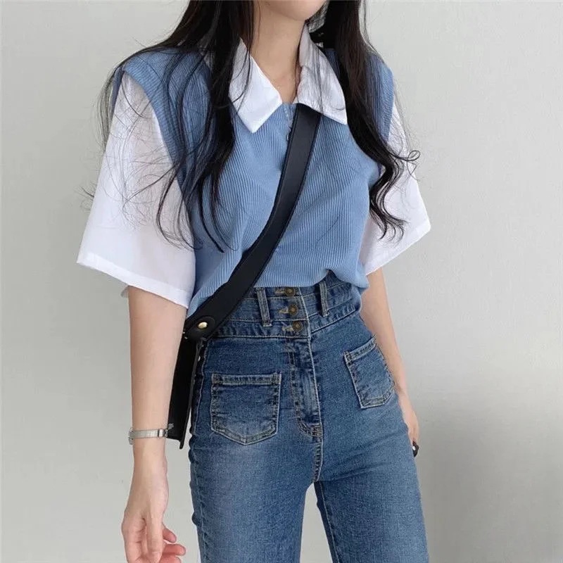 Summer Women's Lapel Short Sleeve T-shirt College Style Color Contrast Fake Two Pieces Polo Shirt Loose Casual Versatile Tops
Summer Women's Lapel Short Sleeve T-shirt College Style Color Contrast Fake Two Pieces Polo Shirt Loose Casual Versatile Tops