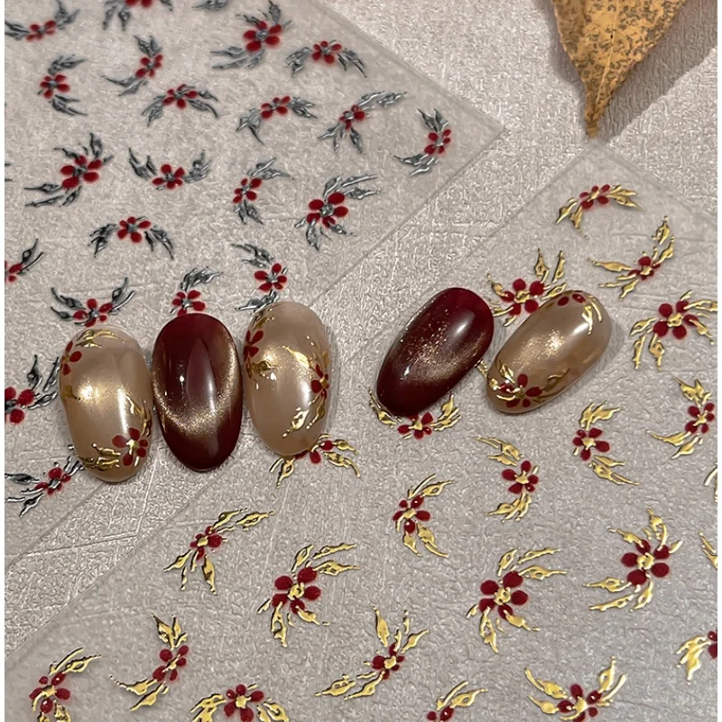 5D Relief Bronzing Gold/Silver Leaves Red Flowers Nail Stickers With Red Five-Petal Flower Decal Adhesive Metal Flowers Sliders
5D Relief Bronzing Gold/Silver Leaves Red Flowers Nail Stickers With Red Five-Petal Flower Decal Adhesive Metal Flowers Sliders