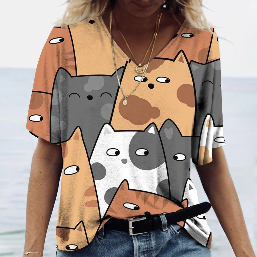 Fashion V-neck Women's T-Shirts Cartoon Cat 3D Printing Short Sleeve Tops Summer Loose Ladies Clothing Street Hip Hop Girl Tees
Fashion V-neck Women's T-Shirts Cartoon Cat 3D Printing Short Sleeve Tops Summer Loose Ladies Clothing Street Hip Hop Girl Tees
