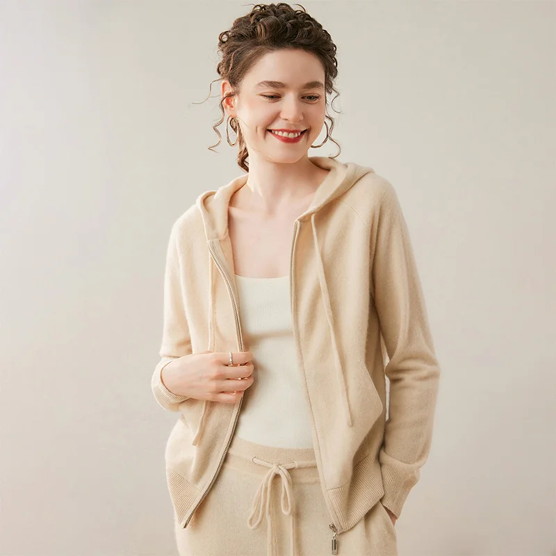 Women 100% Cashmere Cardigan Hooded Sweater Autumn Winter Zipper Pocket Soild Soft Comfort Knitwear Basic Long Sleeve Jackets
Women 100% Cashmere Cardigan Hooded Sweater Autumn Winter Zipper Pocket Soild Soft Comfort Knitwear Basic Long Sleeve Jackets