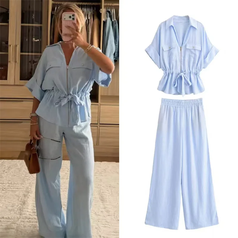 2026 Summer New Style Women's Suit Light Blue Short-Sleeve Zipper Shirt Wide-Leg Pants Suit Casual Fashion Personality
2026 Summer New Style Women's Suit Light Blue Short-Sleeve Zipper Shirt Wide-Leg Pants Suit Casual Fashion Personality