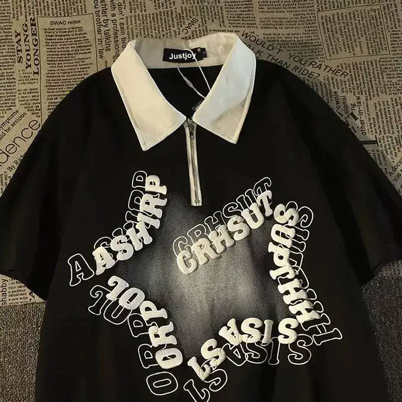 2026 Retro Star Polo Collar Short Sleeve T Shirt Unisex Vintage Half Zip Loose Couple Top Casual Hong Kong Style Daily Street
2026 Retro Star Polo Collar Short Sleeve T Shirt Unisex Vintage Half Zip Loose Couple Top Casual Hong Kong Style Daily Street