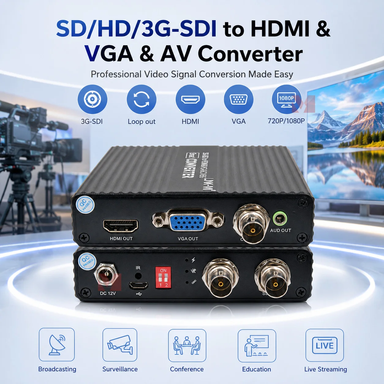3G/HD/SD-SDI to HDMI & VGA & AV Converter Auto-Detect, Loop Out OSD Menu, for Live Stream Broadcast Conference
3G/HD/SD-SDI to HDMI & VGA & AV Converter Auto-Detect, Loop Out OSD Menu, for Live Stream Broadcast Conference