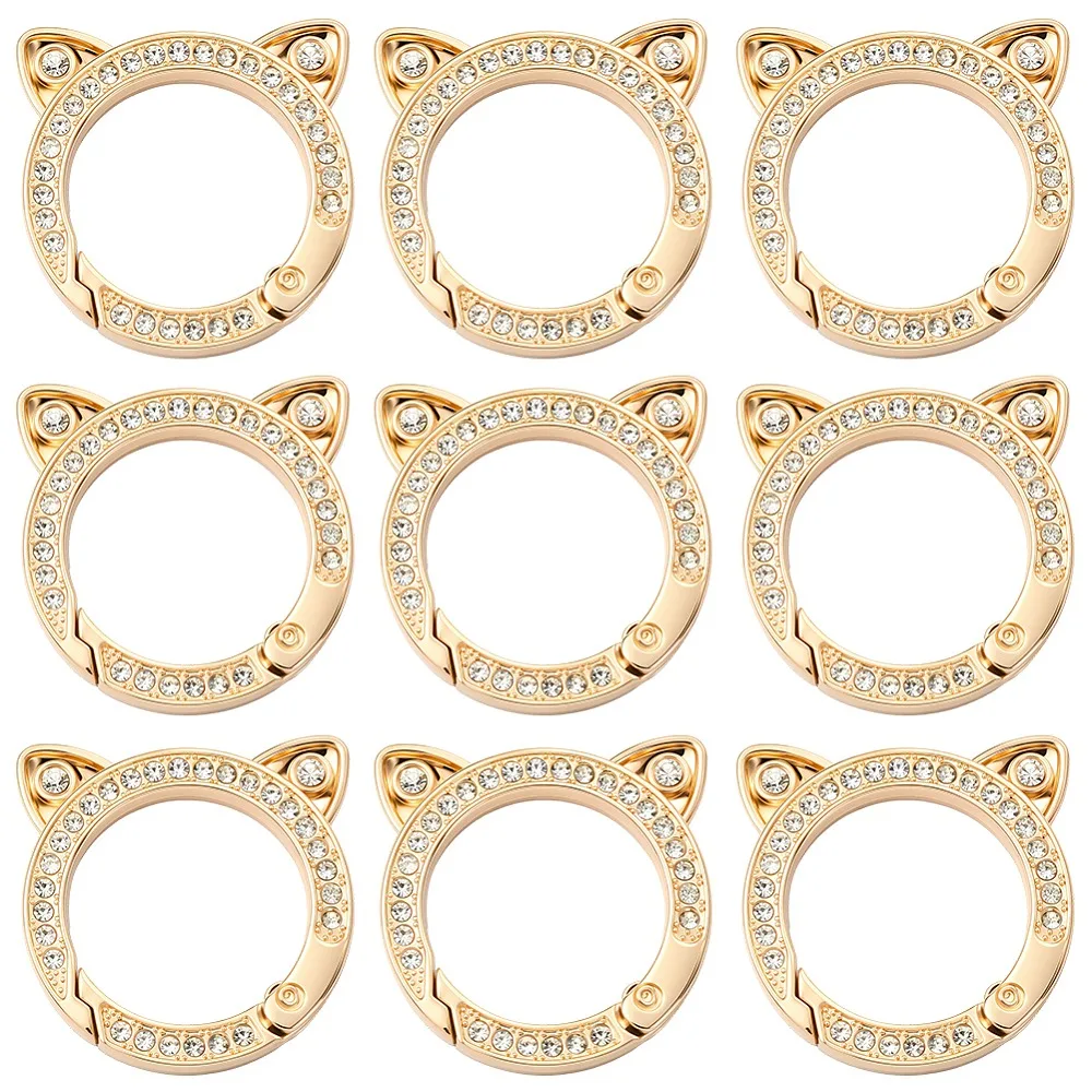 10Pcs Zinc Alloy Rhinestone Spring Gate Rings Cat Shape Light Gold 33x33x5mm