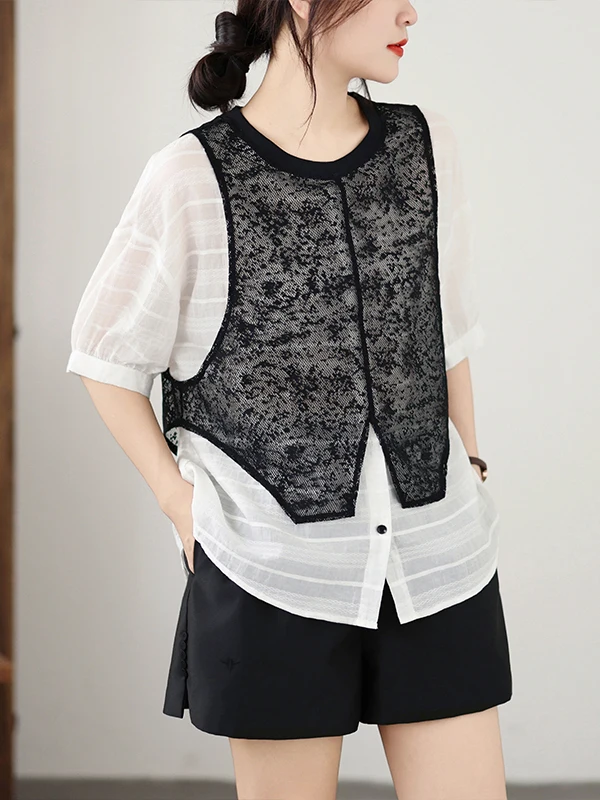 Summer Fashion Women's Short Sleeve Shirt Ruffle Lace Panelles Vest Style Fake Two-Piece Top Cool Feeling Loose Fit round Neck
Summer Fashion Women's Short Sleeve Shirt Ruffle Lace Panelles Vest Style Fake Two-Piece Top Cool Feeling Loose Fit round Neck