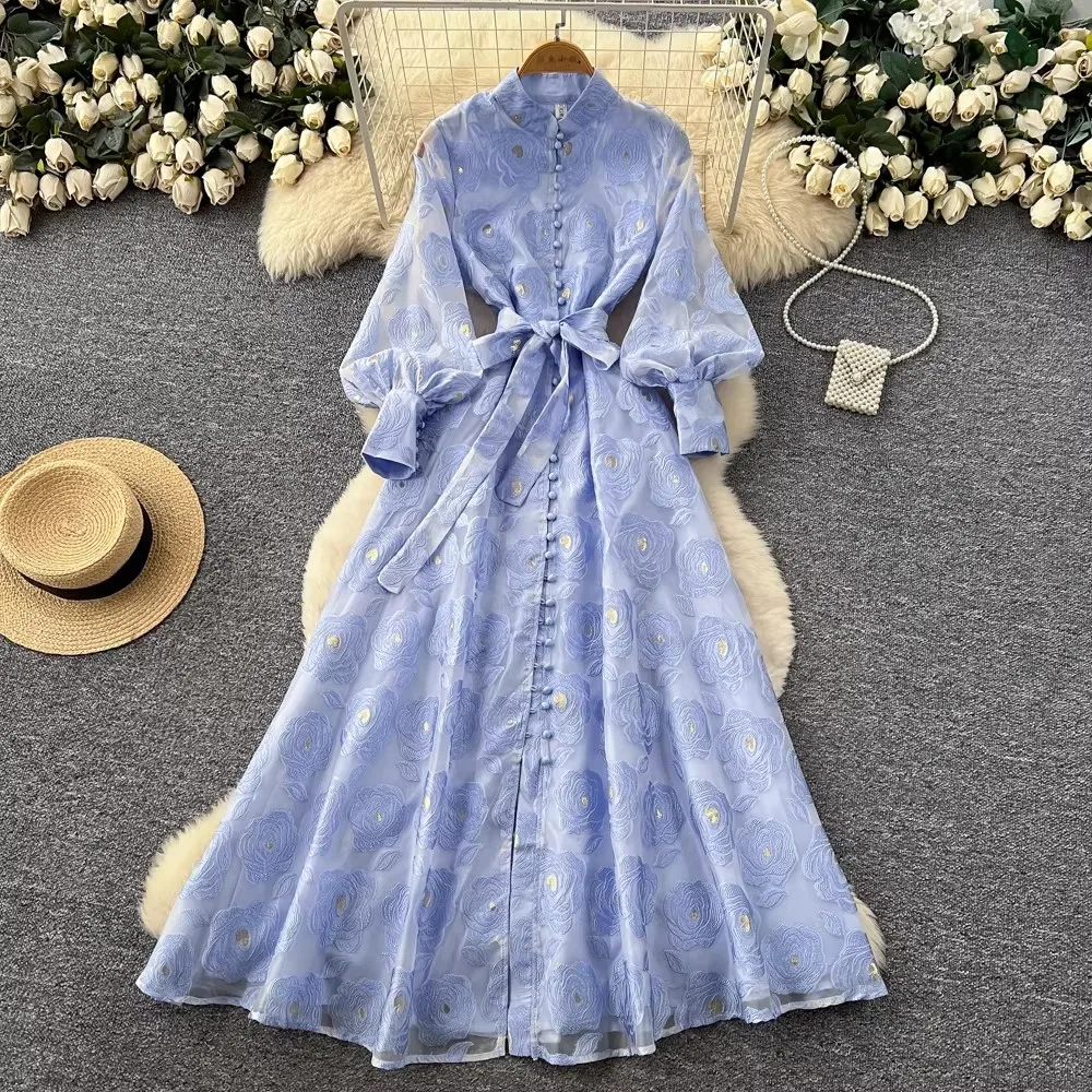 French Elegant Hollow Out Flower Crochet Embroidery Dresses Women's Stand Lantern Sleeve Single Breasted Lace Up Belt Long Robes
French Elegant Hollow Out Flower Crochet Embroidery Dresses Women's Stand Lantern Sleeve Single Breasted Lace Up Belt Long Robes