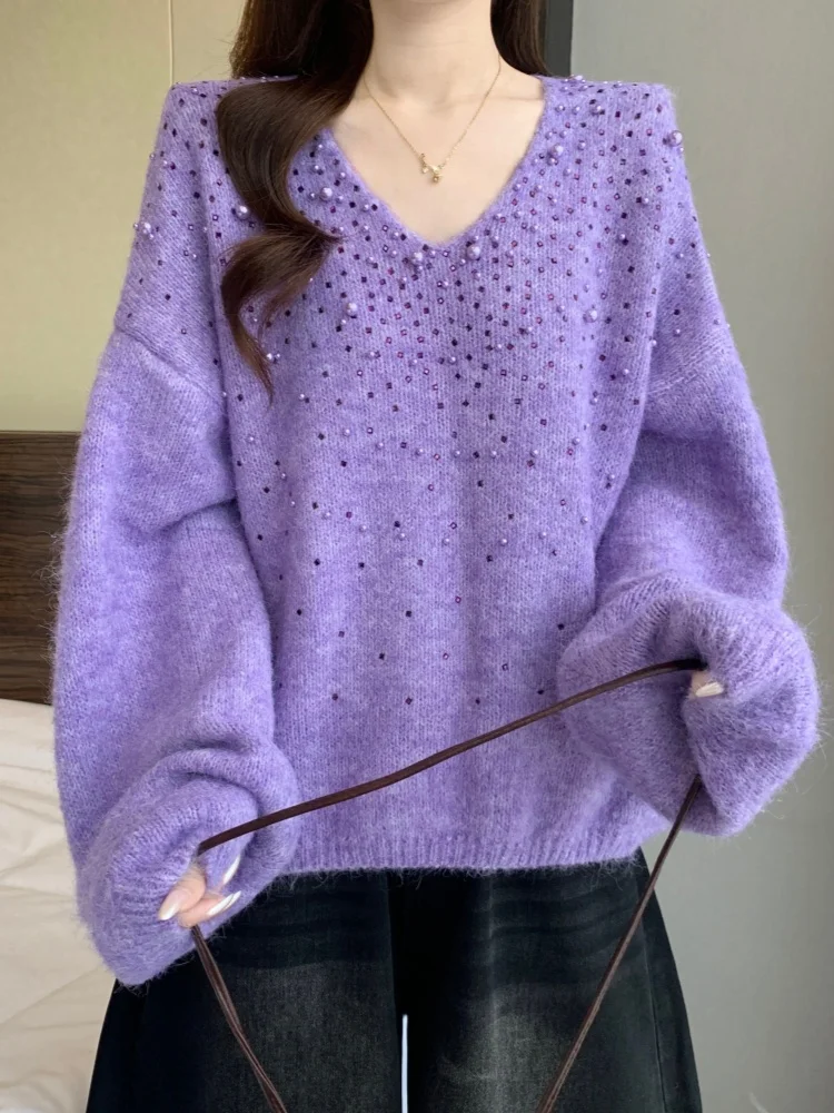 SMTHMA New Autumn Winter Purple Luxury Pearl V-Neck Glitter Sweater Women's Full Sleeve Soft Knitted Sweater
SMTHMA New Autumn Winter Purple Luxury Pearl V-Neck Glitter Sweater Women's Full Sleeve Soft Knitted Sweater