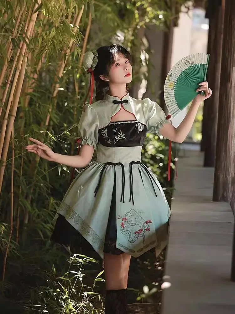 Japan Lolita Chinese Style Women Lo Skirt Chinese Cheongsam Element Cos Original Short Sleeve Lace Skirt Set COSTUME GREEN
Japan Lolita Chinese Style Women Lo Skirt Chinese Cheongsam Element Cos Original Short Sleeve Lace Skirt Set COSTUME GREEN