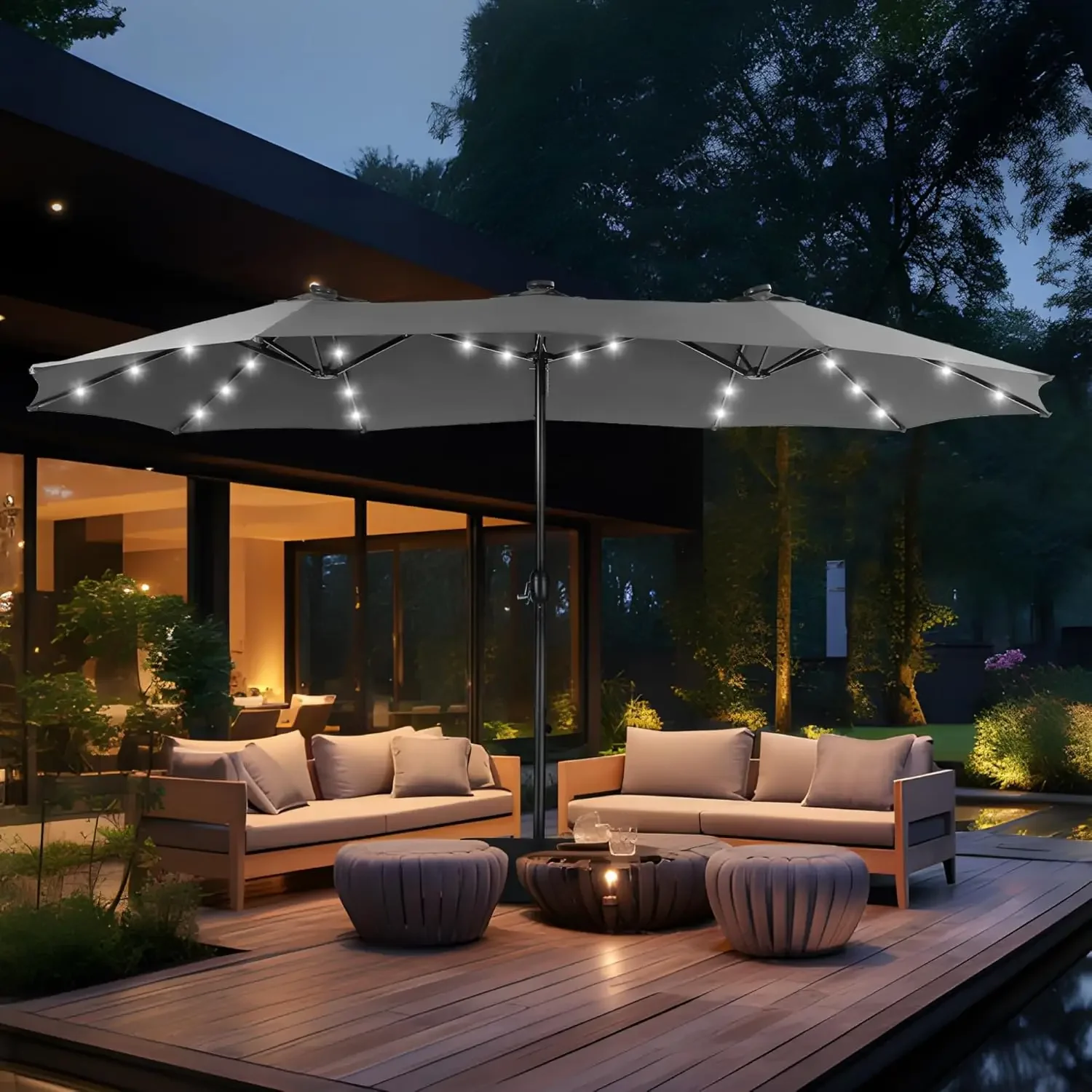 15ft Double Sided Patio Umbrella with Solar Lights, Outdoor Large Umbrellas with Crank Handle and 36 LED Lights,, Customized
15ft Double Sided Patio Umbrella with Solar Lights, Outdoor Large Umbrellas with Crank Handle and 36 LED Lights,, Customized