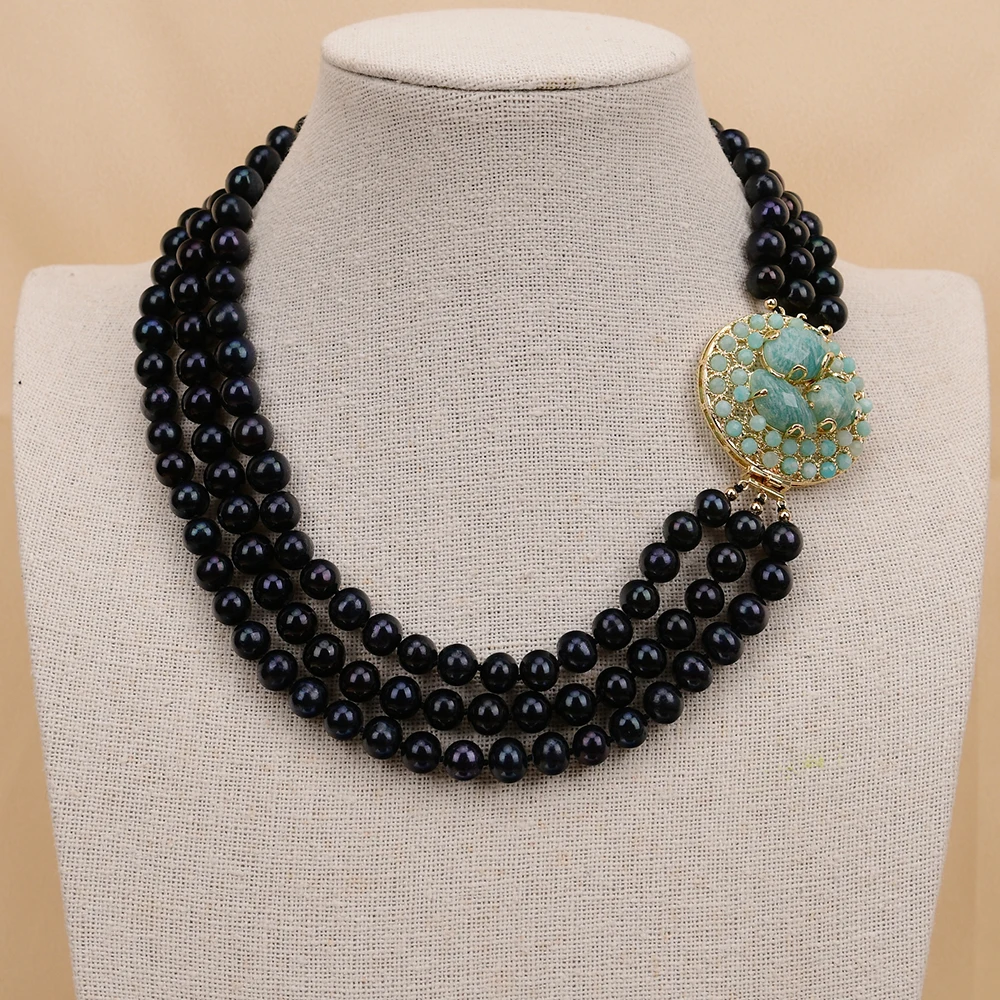 GG 3 Rows Natural Black Round Pearl Necklace Green Amazonite Stone Flower Clasp
GG 3 Rows Natural Black Round Pearl Necklace Green Amazonite Stone Flower Clasp