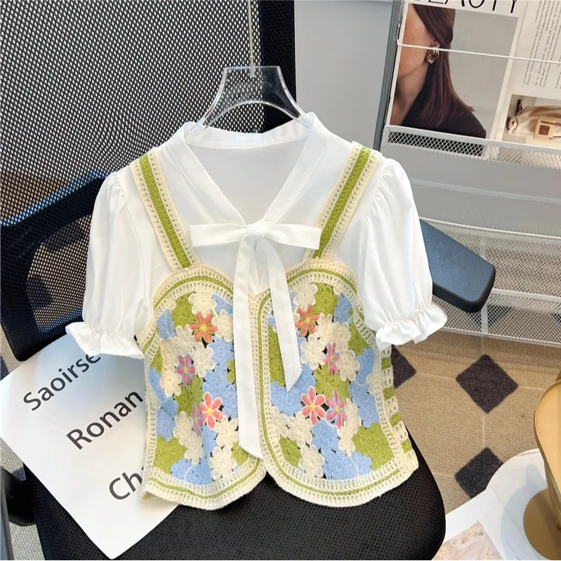 Chic Korean Style Splice Hook Flower Women's Shirt Short Sleeve Collar Slim Fit Sweet Style Outerwear Small Size Top
Chic Korean Style Splice Hook Flower Women's Shirt Short Sleeve Collar Slim Fit Sweet Style Outerwear Small Size Top