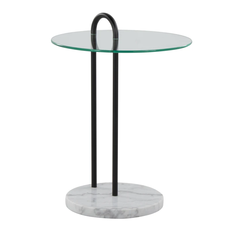 Claire Contemporary/Glam Side Table in White Marble and Black Metal with Clear Glass Table Top by
Claire Contemporary/Glam Side Table in White Marble and Black Metal with Clear Glass Table Top by