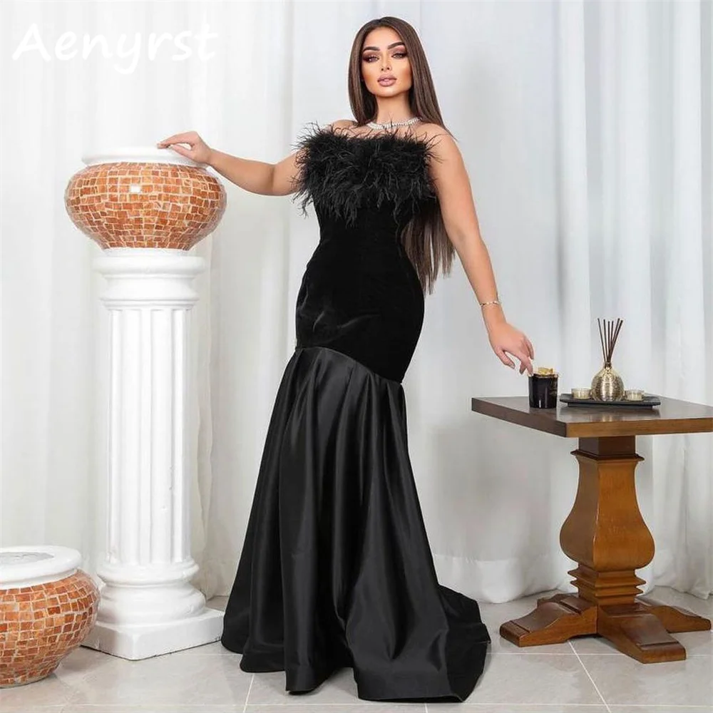 Aenyrst Black Feathers Strapless Prom Dresses Mermaid Satin Sleeveless Saudi Arabia Evening Gown Floor Length Formal Party Dress
Aenyrst Black Feathers Strapless Prom Dresses Mermaid Satin Sleeveless Saudi Arabia Evening Gown Floor Length Formal Party Dress