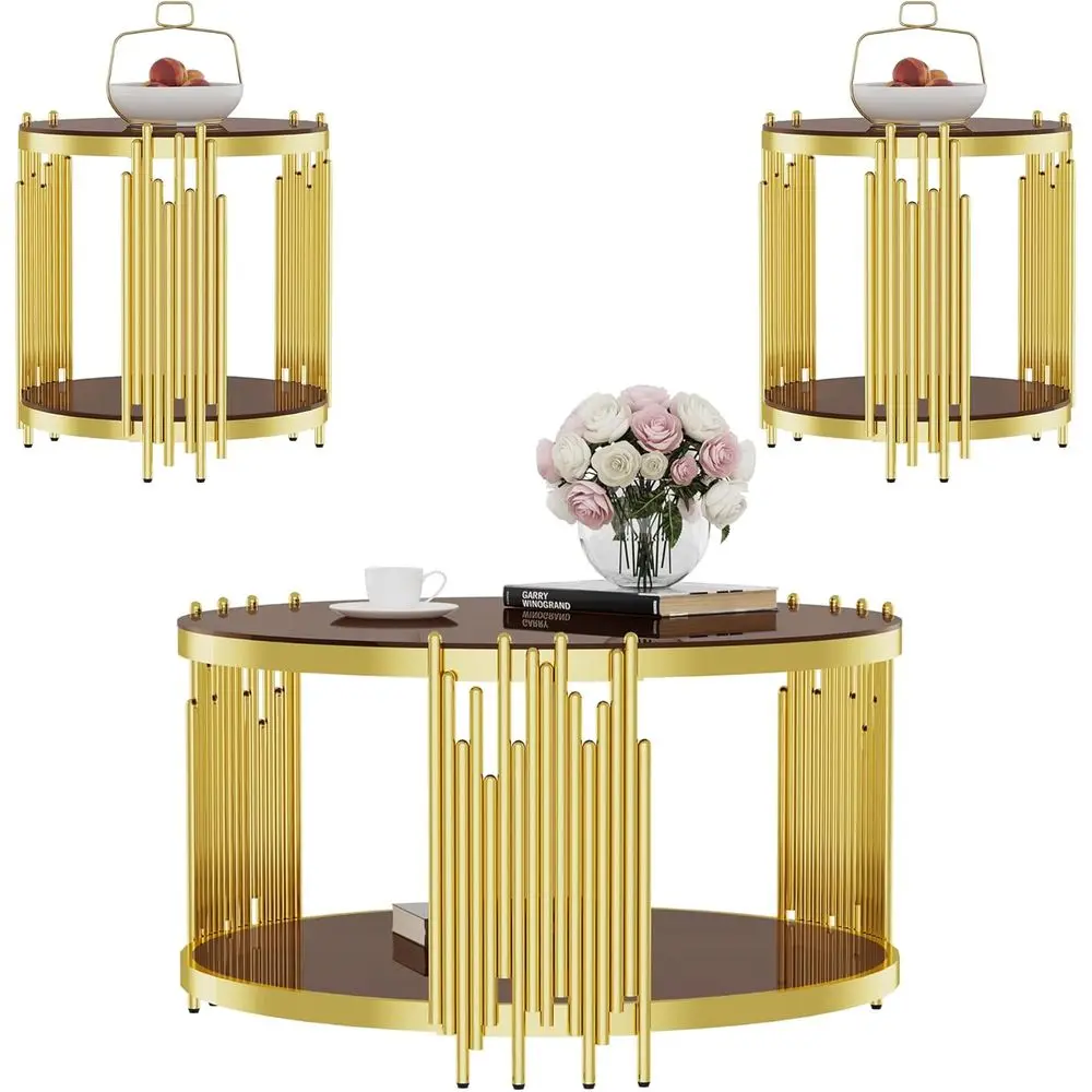 Gold Round Glass Coffee Table Set of 3, 31.5 Center Table with 2x 20 End Tables, Stainless Steel Legs, Brown Top, Accent Furnitu
Gold Round Glass Coffee Table Set of 3, 31.5 Center Table with 2x 20 End Tables, Stainless Steel Legs, Brown Top, Accent Furnitu