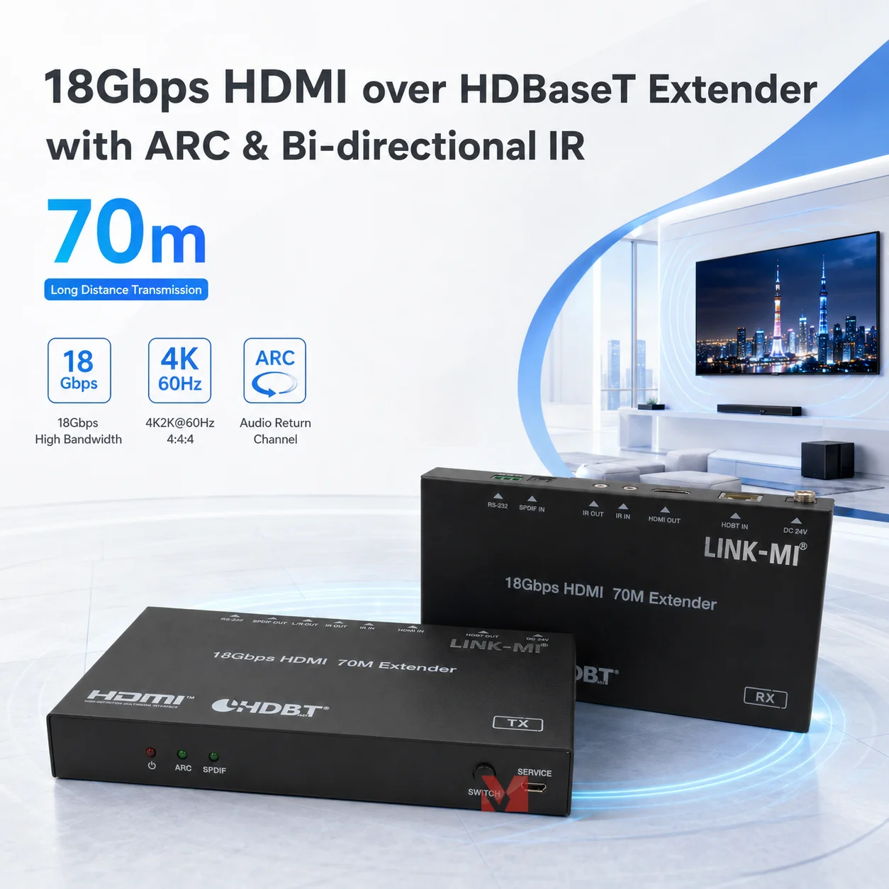 18Gbps HDMI Extender with ARC & Bi-Directional IR 70m , 4K2K@60Hz HDR, PoC, RS-232 & CEC Support,CAT6a/7 cable
18Gbps HDMI Extender with ARC & Bi-Directional IR 70m , 4K2K@60Hz HDR, PoC, RS-232 & CEC Support,CAT6a/7 cable