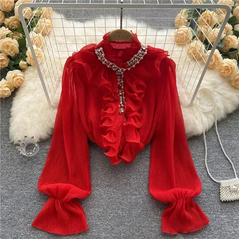 French Elegant Shirts Women Design Diamonds Loose Casual Tops Long Sleeve Ruffles Gentle Office Lady Blouses Spring
French Elegant Shirts Women Design Diamonds Loose Casual Tops Long Sleeve Ruffles Gentle Office Lady Blouses Spring